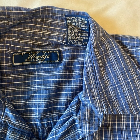 Woody's Retro Lounge Button Up Shirt Mens Size Large Short Sleeve Blue Plaid - Picture 6 of 7